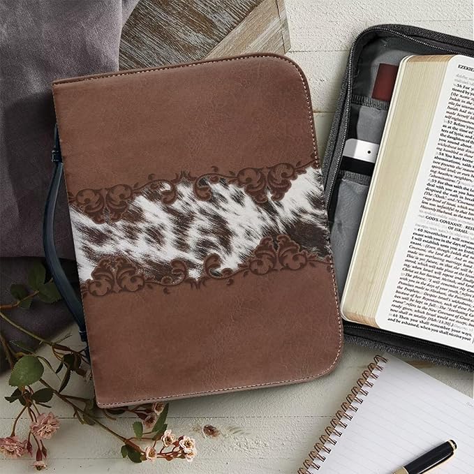 Vintage Cow Print Leather Bible Cover Bible Cover Cases for Church Studying Pouch Bible Tabs Carrier Pen Holder Multi Pocket Bible Bag M-2XL