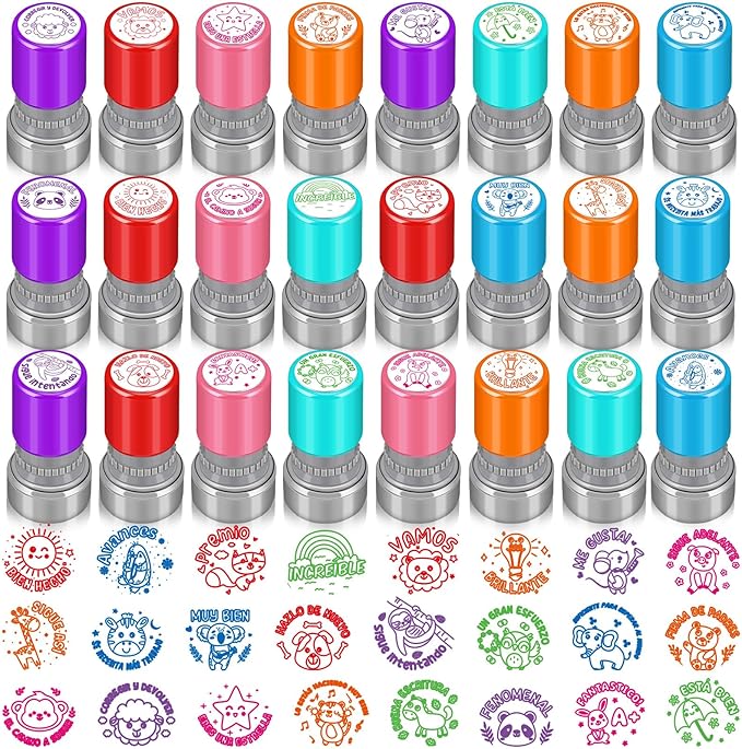 Yinder 24 Pcs Teacher Stamps for Classroom Self Inking Classroom Stamps Bulk for Teachers Elementary Colorful Motivational Encouraging Gifts(Spanish Style)