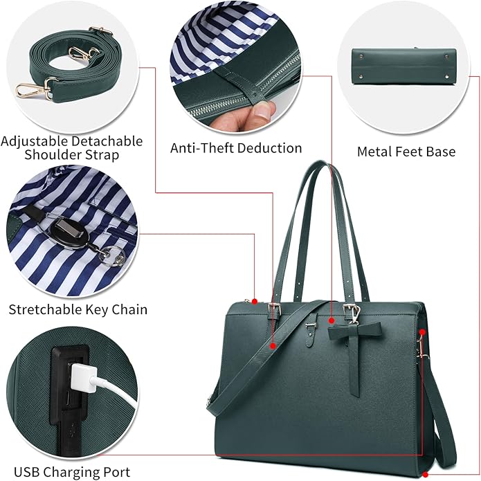 Keyli 4pc Sets Laptop Bag for Women Large Leather Laptop Briefcase with USB Charging Port Computer Shoulder tote Bags Purse