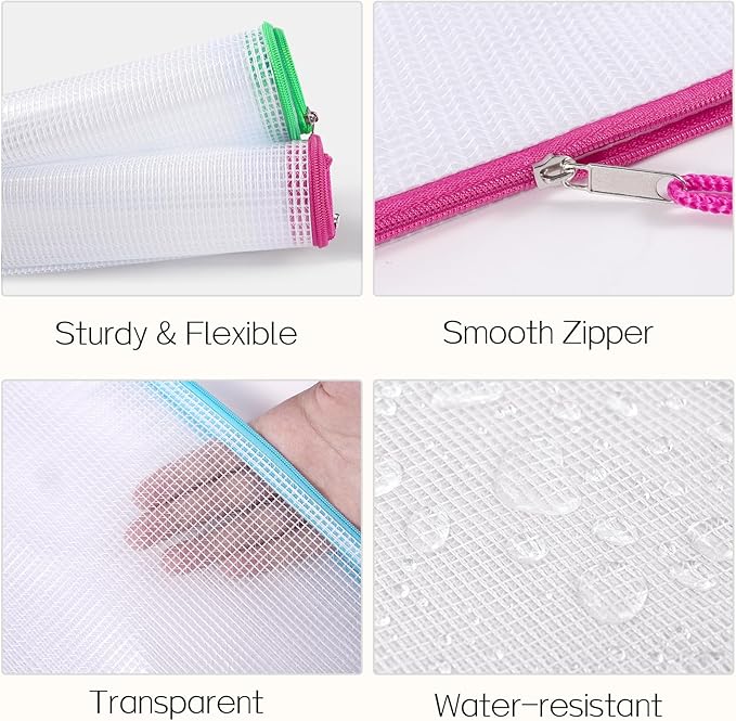 Sooez 36 Pack Mesh Zipper Pouch with Sticky Labels, A4 Size Mesh Bags for Board Game & Puzzles Organizing Storage, Durable Letter Size File Bags for Office Classroom Organization, 12 Assorted Colors