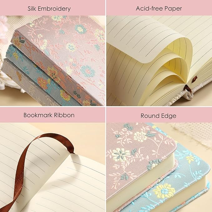Pocket Notebook, A6, 4x6, Silk Cover, Hardcover, Lay Flat, Small Embroidered Journal, Cute Notebook, Lined Notebook & Sketchbook, Personal Writing Journal for Women, Beautiful Notebook, Pink