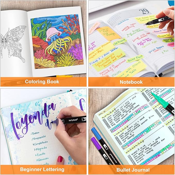 Dual Brush Marker Pens, 72 Colors Art Markers Set with Fine and Brush Tip for Kids Adult Coloring Book Bullet Journaling Note Taking Planner Hand Lettering Calligraphy Drawing Art Supplies Kit