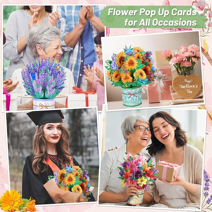 3 Pack Paper Flower Pop Up Cards, Flower Bouquet Card Popup 3D Greeting Cards for Mother's Day, Graduation, Anniversary, Birthday, Congratulations, Get Well, Home Decor, with Envelope