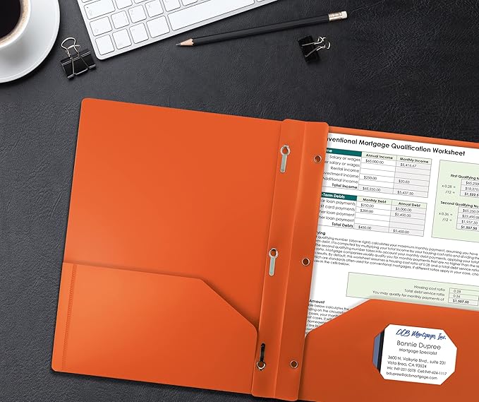 Better Office Products Orange Plastic 2 Pocket Folders with Prongs, Heavyweight, Letter Size Poly Folders, 24 Pack, with 3 Metal Prongs Fastener Clips, Orange