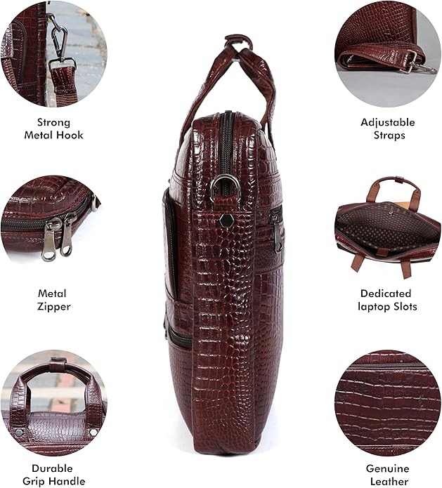 Crocodile Embossed leather bag for men, 5 Zipper Pockets with Spacious Compartments.,12 x 16 x 4 inches.