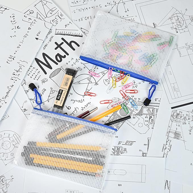 AUSTARK 10 Pcs Zipper File Bags, Waterproof Plastic Mesh Pouch for Office School, Board Game Storage Bags (B6 Size 7.6''x5.3'', White and Blue)