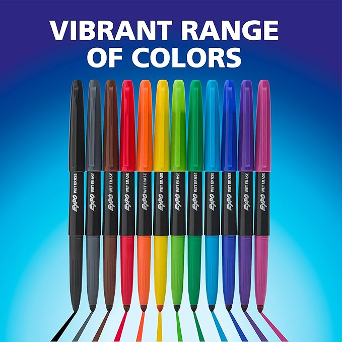 EXPO Wet Erase Markers, Semi-Permanent Markers, Assorted, Fine Tip, 12 Count