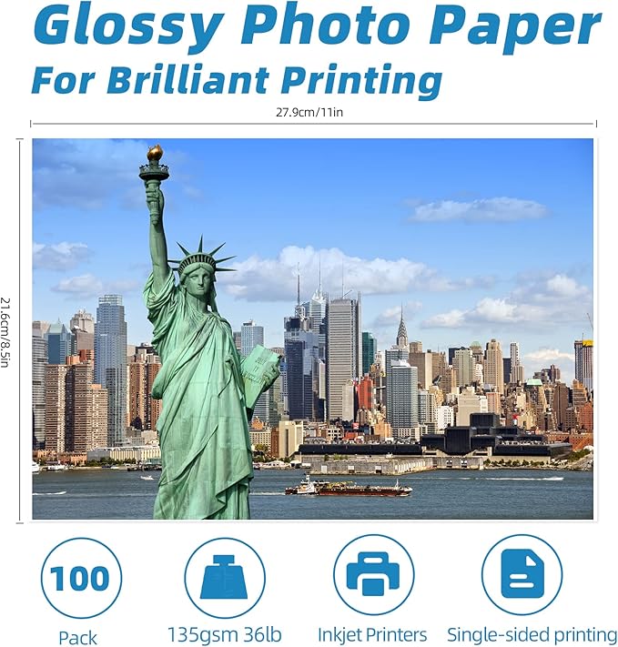 Uinkit 37lb Thin Flyer Paper Glossy 8.5x11 Inkjet 100 Sheets Single Side DIY Chip Bag 135gsm Photos Picture for Inkjet Printer with Dye Ink Letter size A4 Brochure