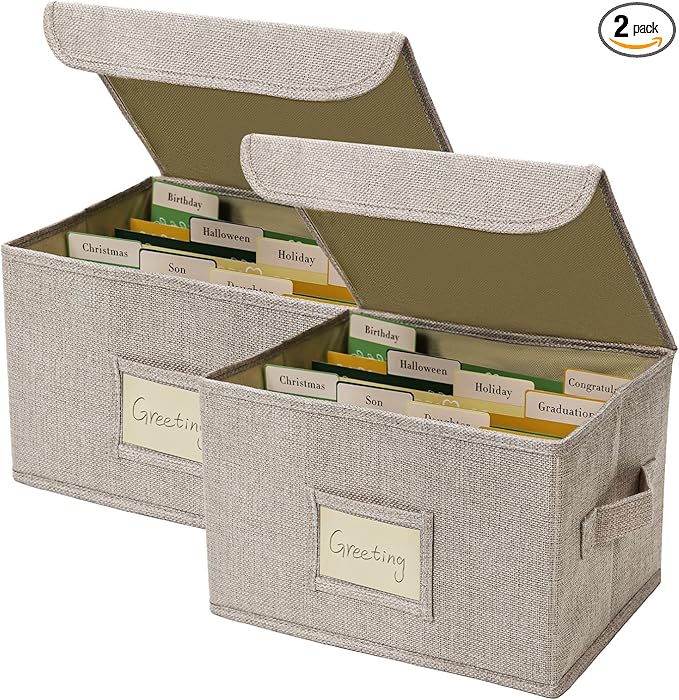 Vienrose Greeting Card Organizer Storage Box with 20 Removable Dividers, 84 Self-stick Labels, Perfect for Photos, Envelopes, Scrapbooking, Paper, Stickers Holder 2 Pack Beige