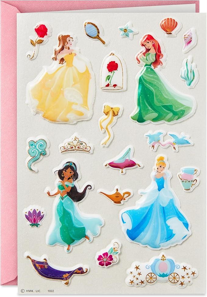 Hallmark Signature Disney Princess Birthday Card with Stickers (Belle, Ariel, Jasmine, Cinderella)