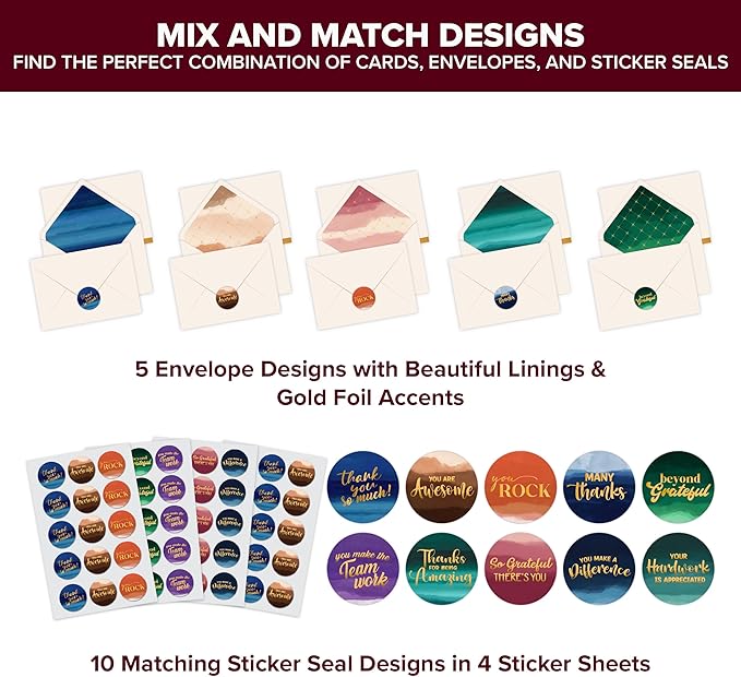 Decorably 50 Pack Gold Foiled 6x4in Employee Appreciation Cards with Envelopes and Stickers, 10 Designs Thank You Cards, Blank Inside