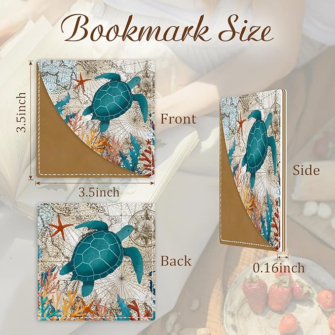 Cute Sea Turtle Corner Bookmarks, Funny Leather Book Accessories for Book Lovers, 3 Pcs Reading Book Page Markers for Women Men Student Teacher Girls Boys Kids Retirement Birthday Gifts