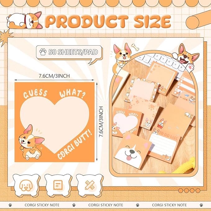 9 Pads Cute Sticky Notes Cartoon Animal Self Stick Notepads 3x3 Inches Notes Adhesive Memo Pad Office Decor Gifts for Students School Office Meeting(Corgi)
