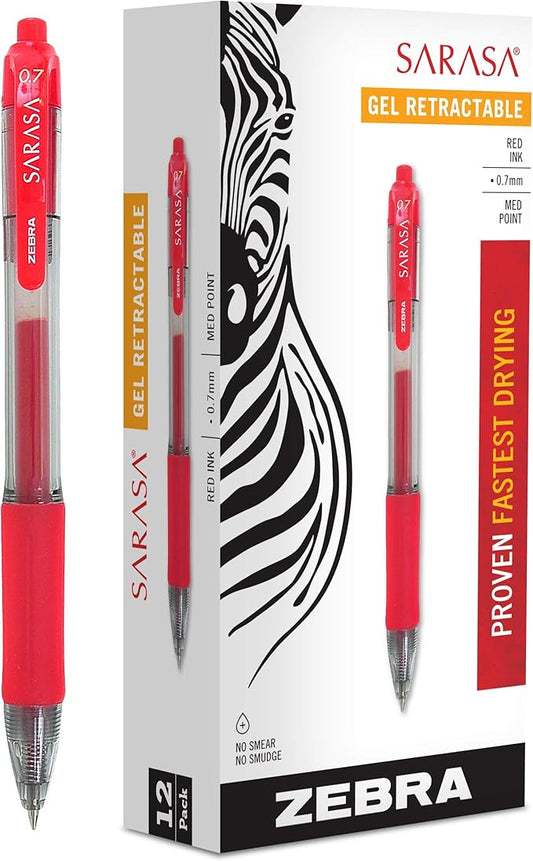 Zebra Pen Sarasa Dry X20 Retractable Gel Pen, Medium Point, 0.7mm, Red Ink, 12-Pack