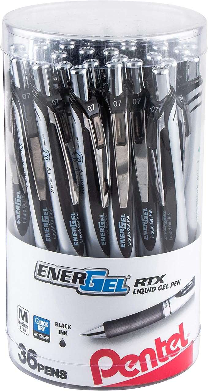 Pentel EnerGel RTX Retractable Liquid Gel Pen Canister, Black Ink, 36Pk (BL77PC36A)