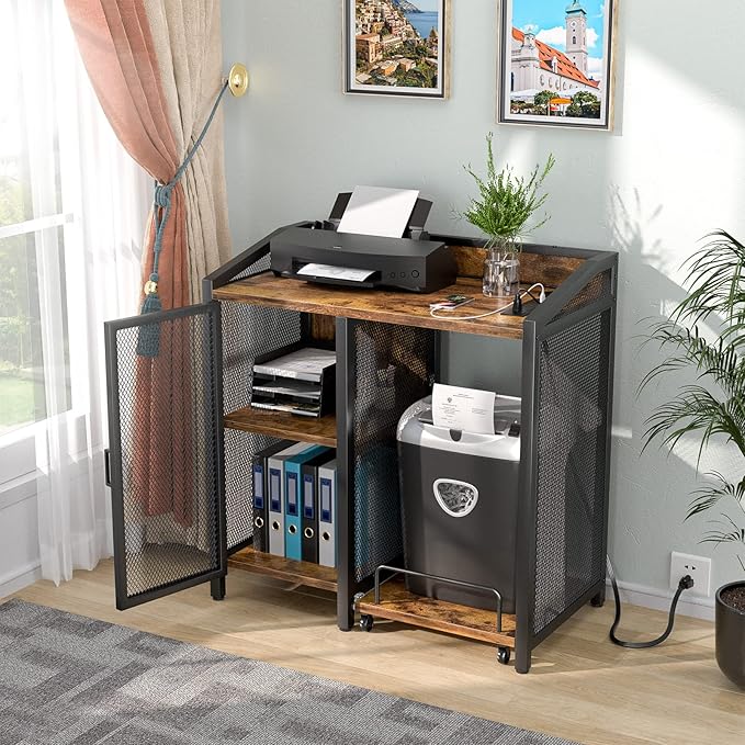 Unikito 3-Tier Lateral Office Filing Cabinets with Socket and USB Charging Port, Modern Printer Stand and Paper Shredder Stand Rack with Wheels and Open Storage Shelves for Home Office, Rustic Brown