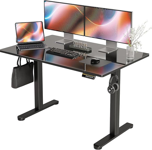 Glass Standing Desk, Electric Standing Desk Adjustable Height, 48 Inch Adjustable Stand Up Desk, Quick Install Home Office Computer Desk, Black