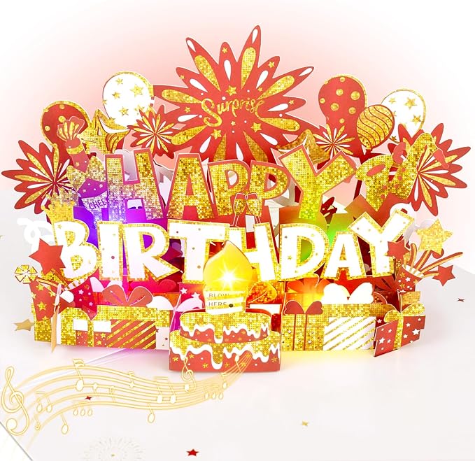 Birthday Card | Musical Pop Up Greeting Card w Light | Blow Out LED Light Candle & Play Happy Birthday Music Pop Up Card | Greeting Cards Gifts for Him or Her | Red Gold (Blowable Candle)