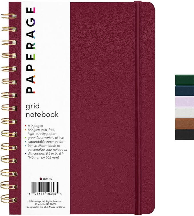 PAPERAGE Graph Paper Spiral Notebook & Journal, (Burgundy), 160 Pages, Medium 5.5 inches x 8 inches - 100 GSM Thick Graphing Paper, Hardcover, Double-Wire Grid Spiral Notebook