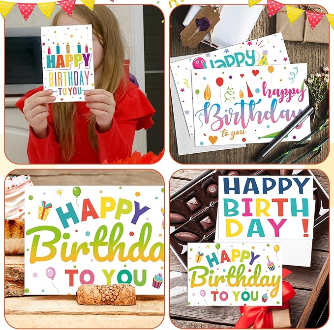 Harloon 200 Pack Happy Birthday Card Assorted Bulk with Blank Envelopes and Stickers 4 x 6 Inches Greeting Blank Happy Birthday Cards for Men Women Adults Kids, 20 Styles(Colorful Words)