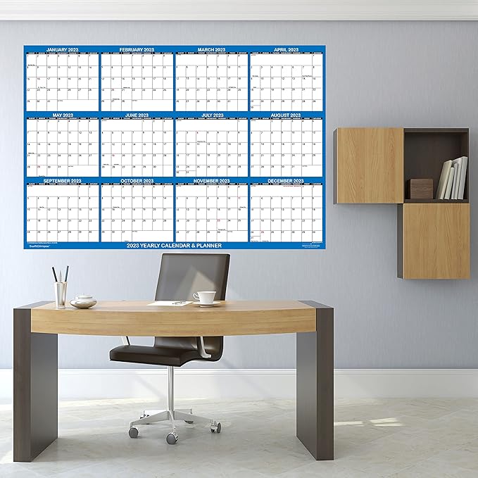 36" x 54" SwiftGlimpse 2025 Wall Calendar Erasable Large Wet & Dry Erase Laminated 12 Month Annual Yearly Wall Planner, Horizontal, Navy