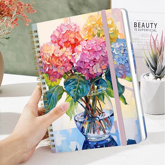 Yoiilifee Spiral Notebook - A5 Spiral Notebooks, 8.3'' × 5.8'', 160 Pages, Aesthetic Journaling Notebooks for Women, College Lined Notebook with Elastic Closure, Back Pocket, for School Office, vase
