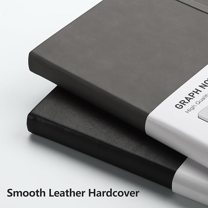 RETTACY Graph Paper Notebook, A5 Grid Notebook Journal with 192 Pages, 5.7'' × 8.3'', Medium Size, Leather Hardcover, 100 GSM Thick Paper, for Students, Homework, Math, Engineering (Gray)