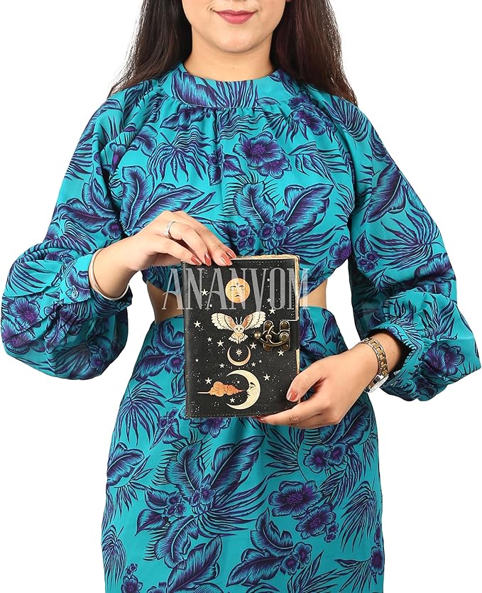 Handmade Leather Journal, Black, Sun & Moon Design, 8 x 6 Inch, 200 Unruled Pages, Hand Embossed, Deckle Edge Paper, Brass Clasp Lock, Vintage Notebook Diary, Sketchbook for Artists & Writers