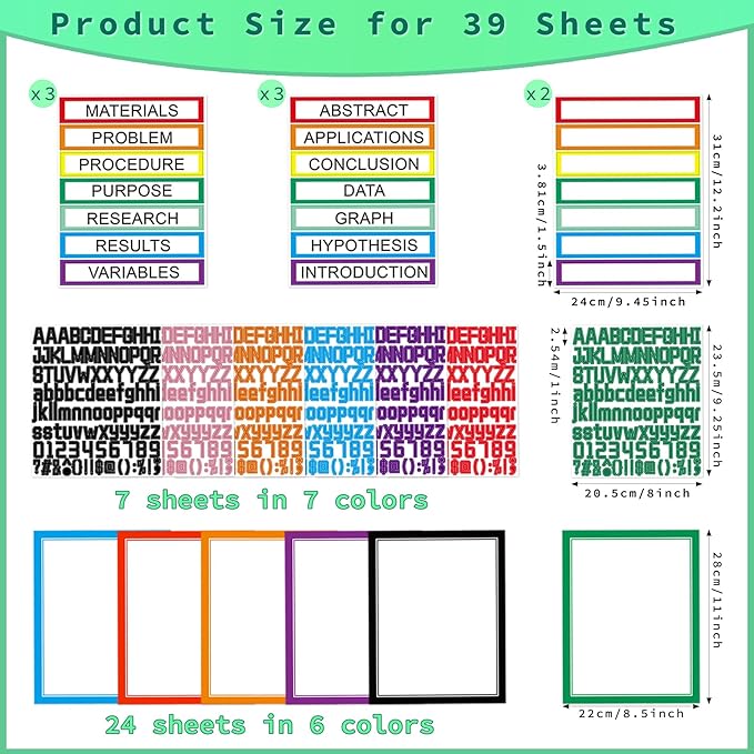 39 Sheets Science Fair Board Supplies - 24 Self Adhesive Presentation Subtitles, 6 Science Fair Project Titles, 2 Blank Titles, 7 Personalized Letter Stickers for Classroom Office, Colorful