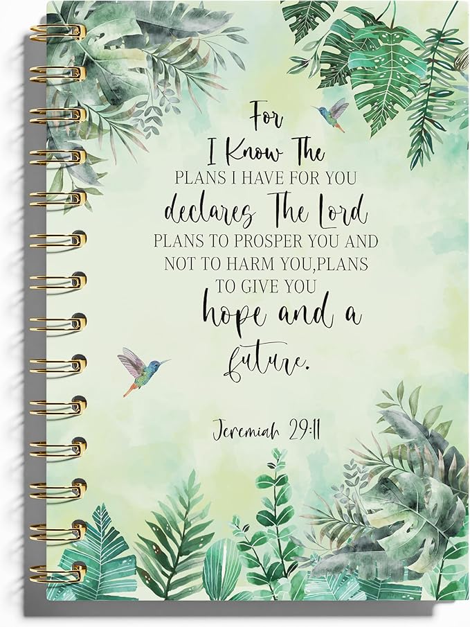 Christian Bible Journals for Women, Prayer Journal for Women, for I Know the Plans I Have for You, Bible Notebooks for Note Taking, Green Tropical Leaves Hardcover Spiral Notebook 5.5x8.3