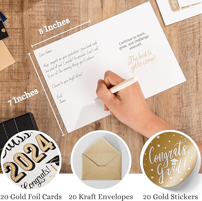 Paper Play Gold Foil Graduation Cards Assortment Bulk Pack of 20 Congratulations Graduation Card 2024-5x7 Inch with Matching Stickers & Kraft Envelopes, Graduation Cards Bulk College & High School