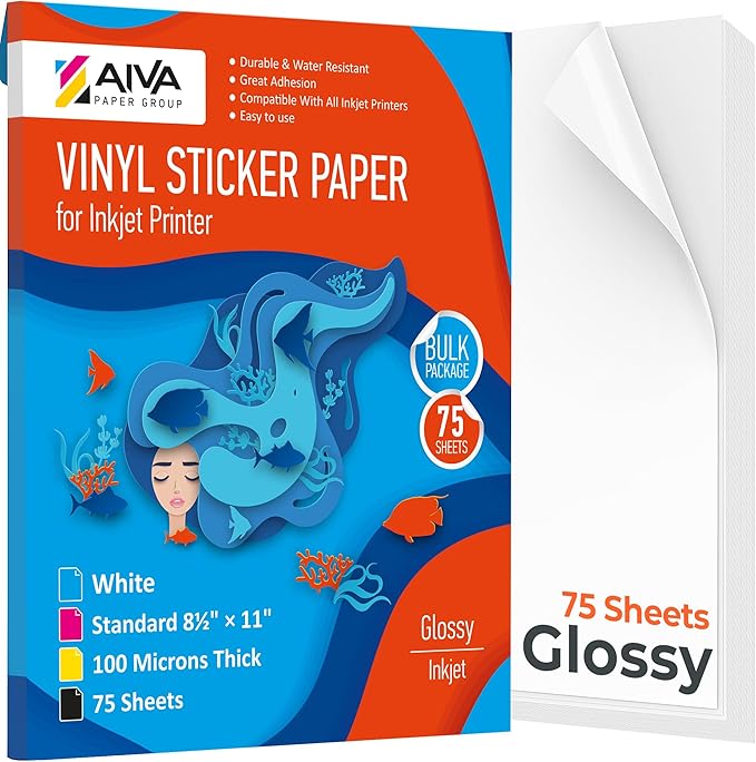 Printable Vinyl Sticker Paper - Waterproof Decal Paper for Inkjet Printer - 75 Self-Adhesive Sheets - Glossy White - Standard Letter Size 8.5"x11"
