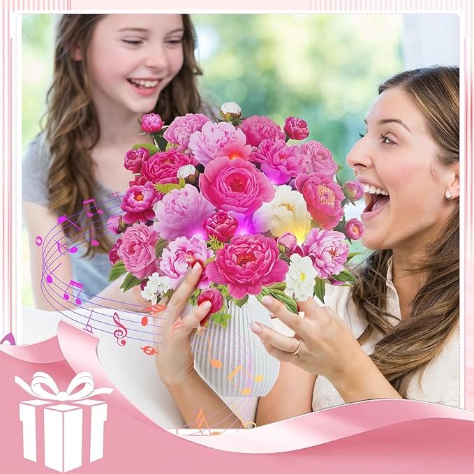 Flower Bouquet Birthday Cards with MUSIC & LIGHTS, 3D Pop Up Greeting Cards, 12 Inch Life Sized Peony Flower Bouquet Mothers Day Cards for Mom Women Sister Daughter Grandma