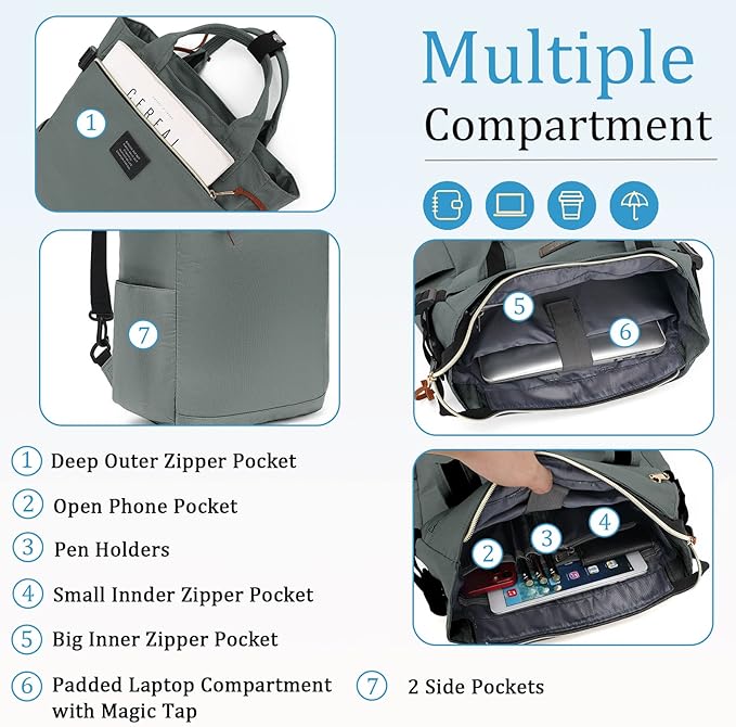 BASICPOWER Backpack Purse for Women Bag Travel Laptop Bookbag Work Nurse Teacher Bag 15.6-in Computer Grey