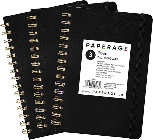PAPERAGE Lined Spiral Journal Notebook, (Black), 3 Pack, 160 Pages, Medium 5.5 inches x 8 inches - 100 GSM Thick Paper, Hardcover, Double-Wire Spiral Journal & Notebook