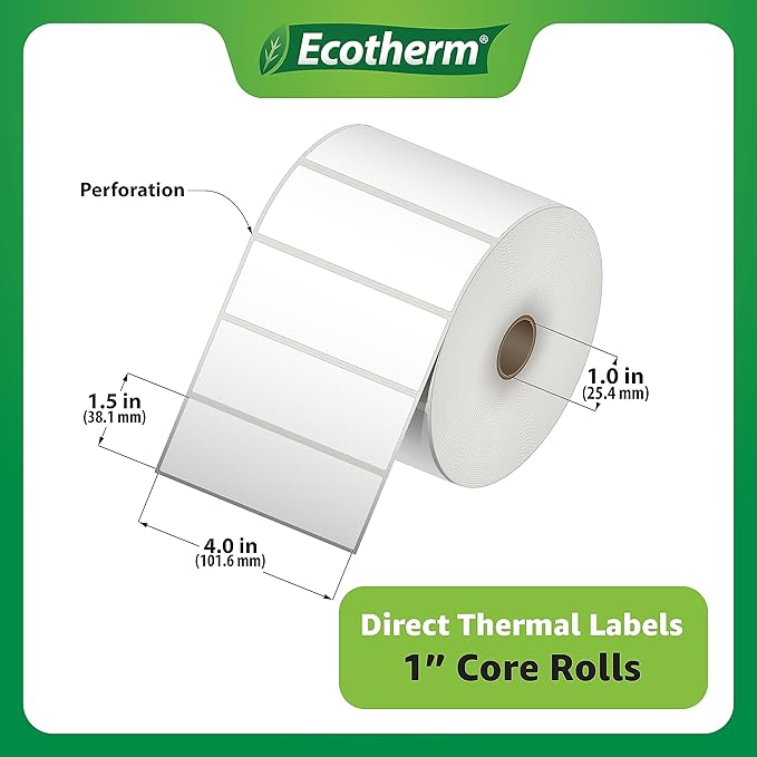 4" x 1.5" Thermal Labels | 6 Rolls | 10800 Labels | fits Zebra, Munbyn, Rollo, Godex, Arkscan, iDPRT, Offnova Thermal Label Printers and More | Blank White Adhesive Stickers by Ecotherm