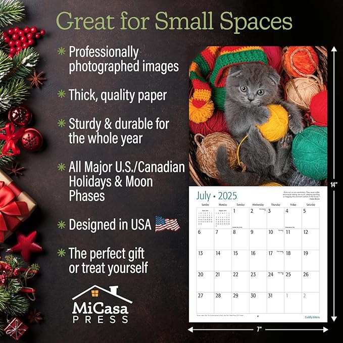 MICASA Cuddly Kittens Mini 2025 Wall Calendar 12 Month | 7" x 14" Open | Thick & Sturdy Paper | Giftable | Calendar 2025