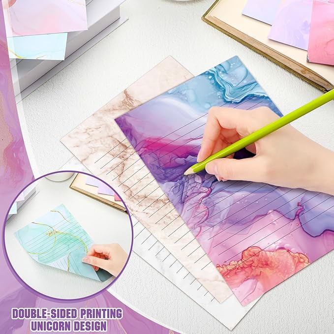TaoBary 160 Packs Stationery Paper Set (50 Double Sided Stationery Writing Papers 50 Matching Envelopes) 60 Round Dot Sticker, 10 Design(Marble,5.5 x 8.25 Inch)