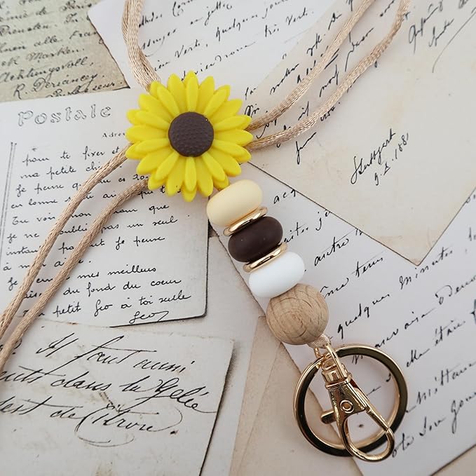 Flower Teacher Lanyards ID Badge and Key Chain, Cute Silicone Beads Lanyard for Women Nurse Work Student (Sunflower)