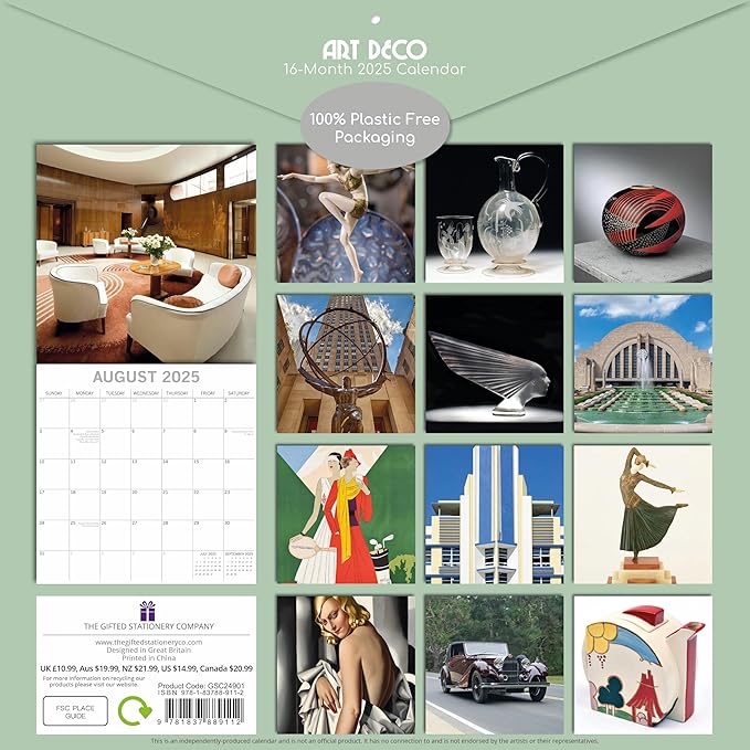 2025 Square Wall Calendar, Art Deco, 16-Month Arts & Antiques Theme with 180 Reminder Stickers (12x12 In)