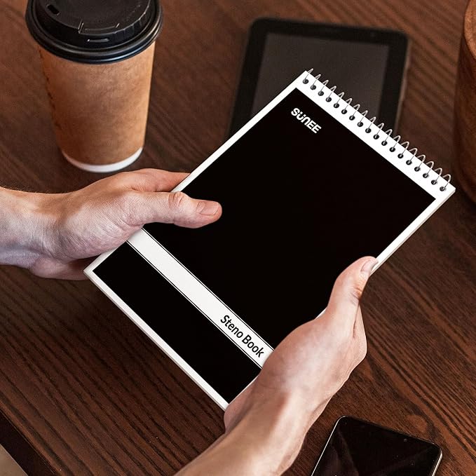 SUNEE 12 Pack Steno Pads 6x9, Gregg Rule, 60 Sheets, Spiral Notebook 6x9, White Paper, Take Notes with Top Spiral Notebook, for School, University, College, Work, Office, Black