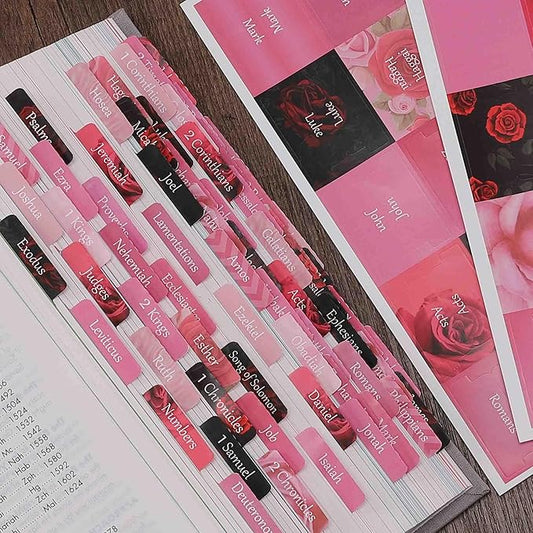 Thinkor Reposition Laminated Bible Tabs, Large Print Stickers, Easy to Read and Apply Bible Tabs for Women and Man (Pink Rose Print)