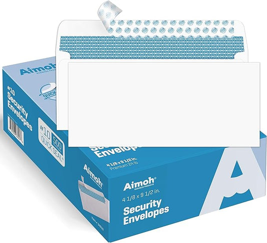 Aimoh 500#10 Security Self Seal Envelopes, Windowless, Premium Security Tint Pattern, Ultra Strong Quick Seal Closure, EnveGuard, Size 4-1/8 x 9-1/2", White, 24LB, 500 Count(34010)