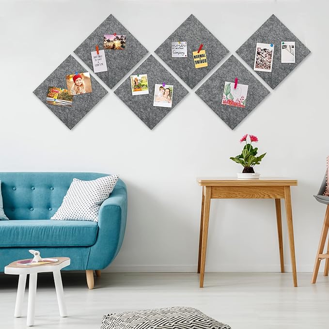 AKTOP Cork Bulletin Board 12x12, 1/2" Thick Felt Cork Board Tiles 6 Pack, Small Square Pin Board for Wall, Self Adhesive Corkboards with 60 Push Pin Wood Clips for School, Home & Office, Grey
