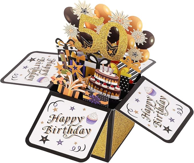 Happy 50th Birthday Pop-Up Card, Colorful Birthday Gift Card Happy Birthday 3D Cards with Envelopes Cool Birthday Pop up Box for Men Women