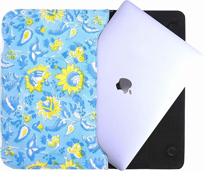 Cotton Hand Block Print Laptop Sleeve Case Bag Compatible with MacBook Air/Pro, 13-13.3 inch Water-Resistant Notebook, Travel Carrying Case Bag Protective Portable Computer Bag, Blue 3