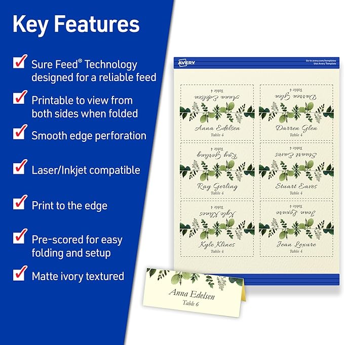 Avery Printable Place Cards with Sure Feed Technology, 1-7/16" x 3-3/4", Textured Ivory, 150 Blank Tent Cards for Laser or Inkjet Printers (5012)