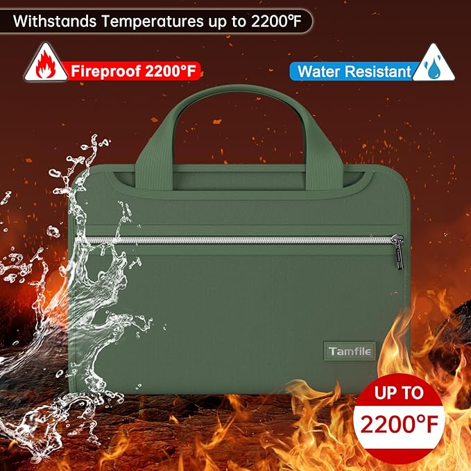 Tamfile Fireproof Accordion File Organizer with Handle, 13 Pocket Expanding File Folder with Zipper & Labels, File Folder with Multi-Pockets Paper Organizer Folder for Letter A4 Files, Green