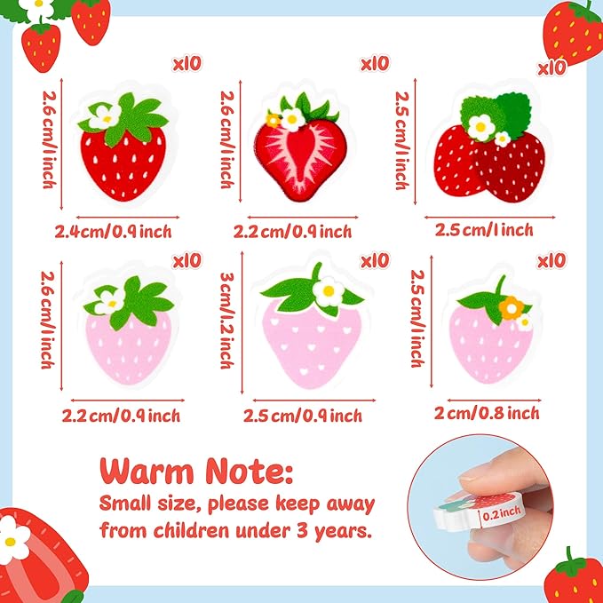 CJiangpo 60Pcs Strawberry Mini Eraser for Kids Bulk - Cute Fruit Pencil Rubber Eraser Birthday Party Favors Filler Back to School Classroom Prizes Gifts