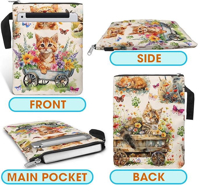 Book Sleeve Gift for Book Lovers. Cover With Zipper and Front Pocket. Washable Fabric 11 X 8.5 Inch Padded Bag. Cat Flower Garden.